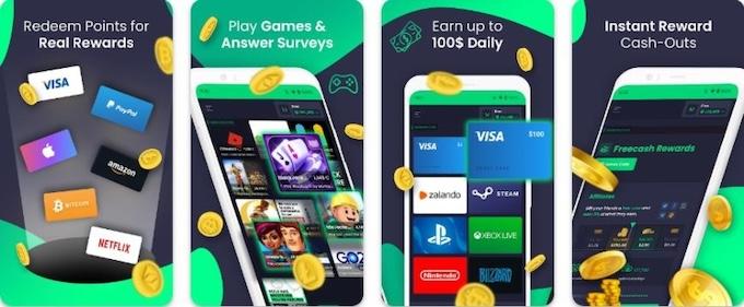 A collection of images of the Freecash game, screenshotted from an app store listing. 